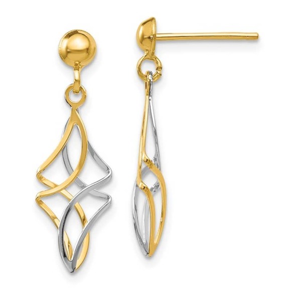 Real 14K Two-Tone Gold Women's Twisted Design Post Drop Dangle Earrings 23mm